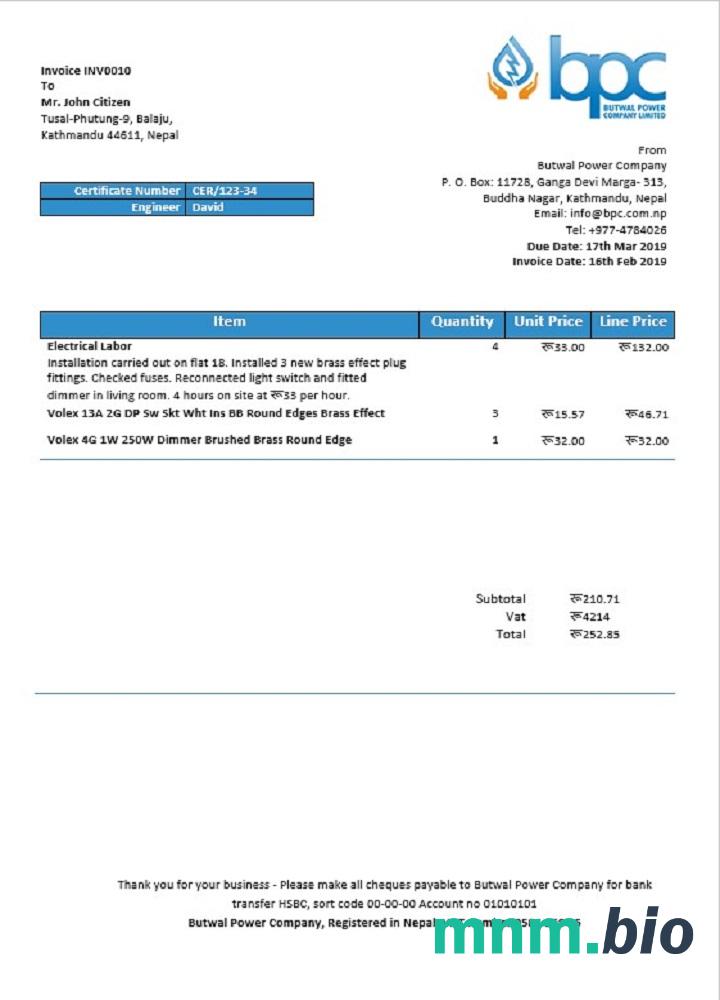 Nepal Butwal Power Firma Limited szablon rachunku za energię elektryczną w formacie Word i PDF
